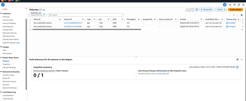 AWS console showing the unattached EBS volumes the tool reported