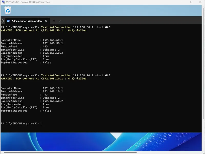 Test output showing VLAN 50 cannot reach the pfSense admin interface