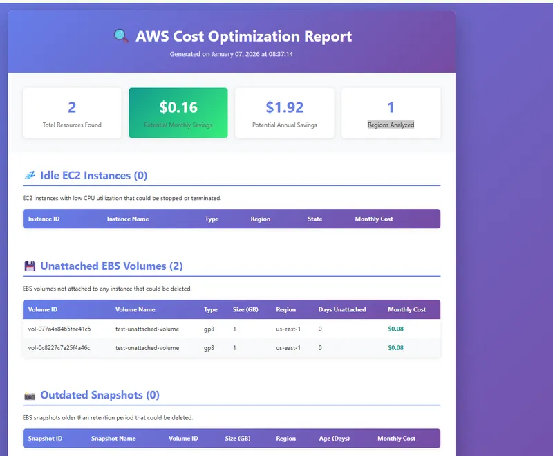 Generated HTML report with findings and cost estimates