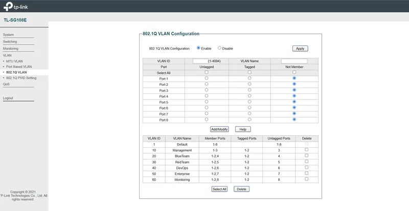 802.1Q VLAN table on the TP-Link managed switch