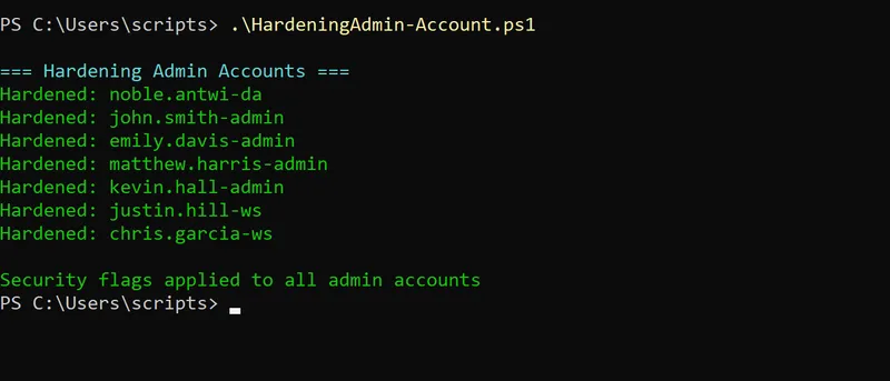 Admin account properties showing hardened settings