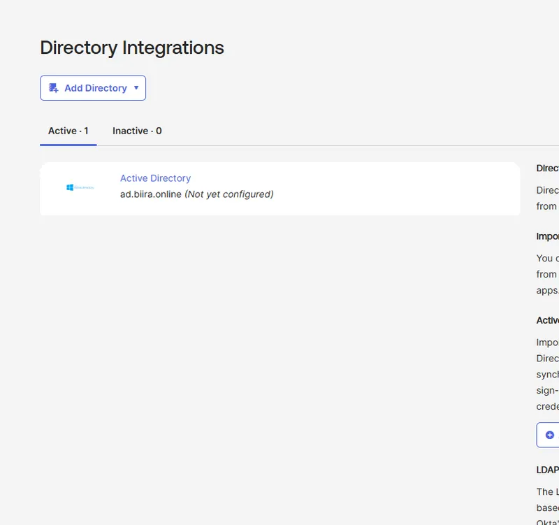 Okta directory integration page showing the AD agent
