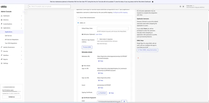 Dropbox Business SAML configuration in Okta