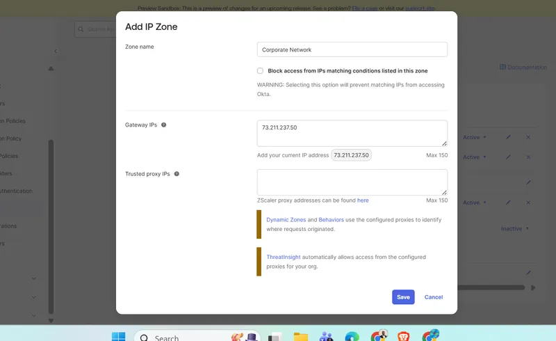 Corporate network IP zone definition in Okta