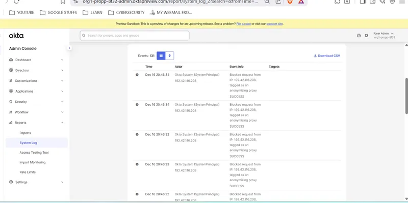 Okta system log entries for blocked Tor attempts