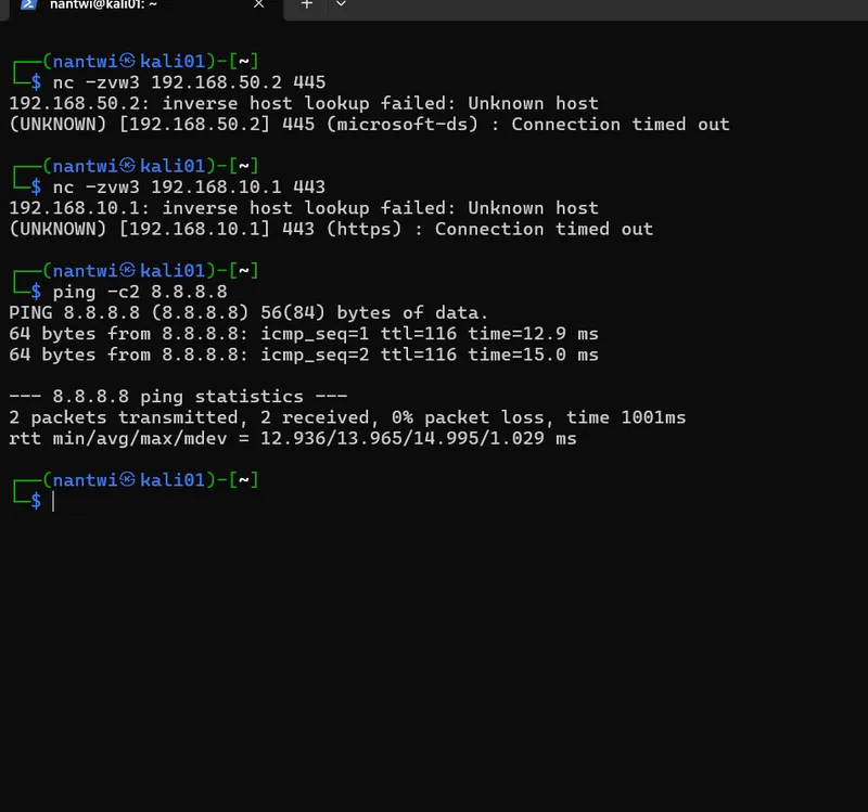 Containment test run from the Kali host