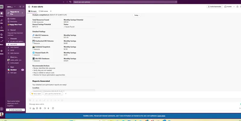 Slack message posted by the tool summarising findings