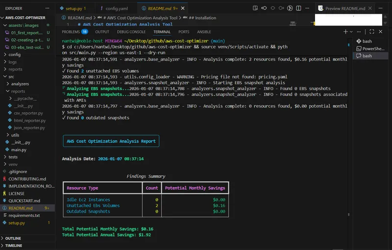 Terminal output of the tool showing progress and findings