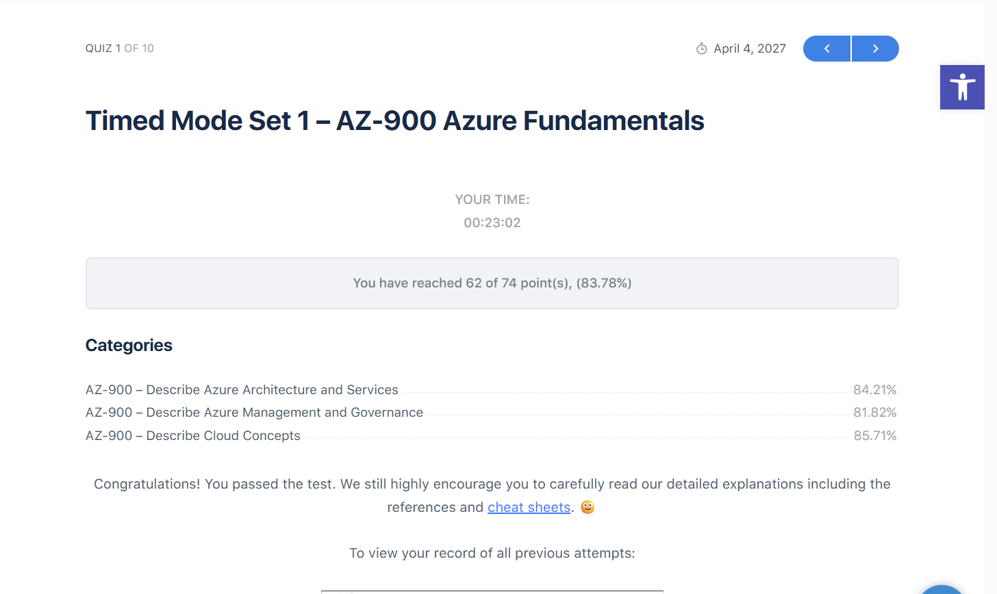 AZ-900 Practice Test 1 result showing 83.78% score