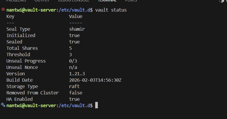 Vault status after initialisation showing Shamir seal type, 5 shares, threshold 3