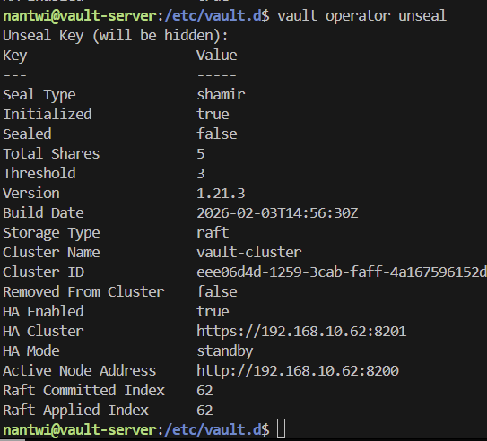 Vault status after unsealing — Sealed: false