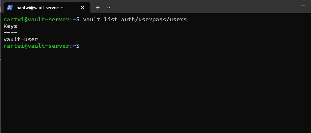 Vault list showing vault-user registered in the userpass auth method