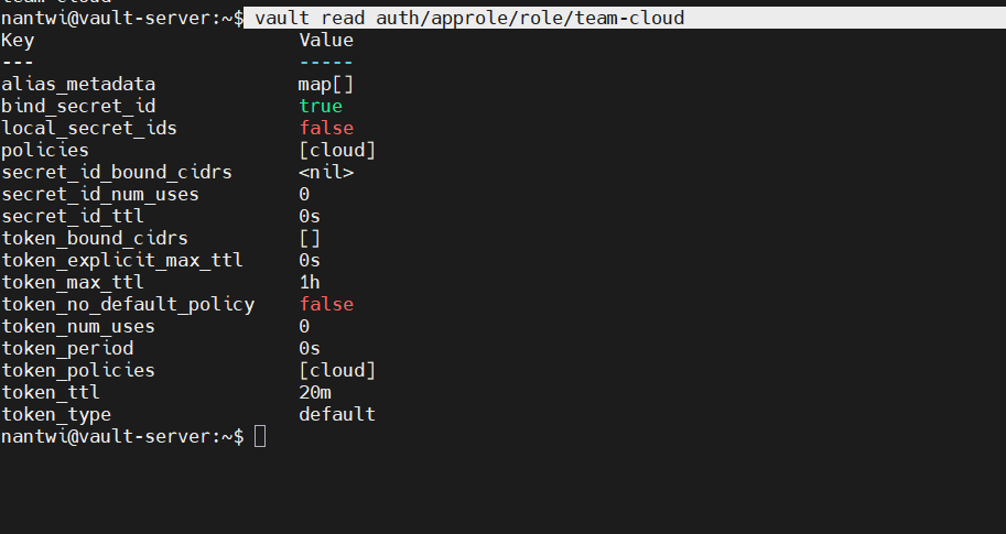 AppRole team-cloud role configuration showing TTL, max TTL, and attached policies